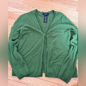 Cashmere cardigan with green sparkle trim!